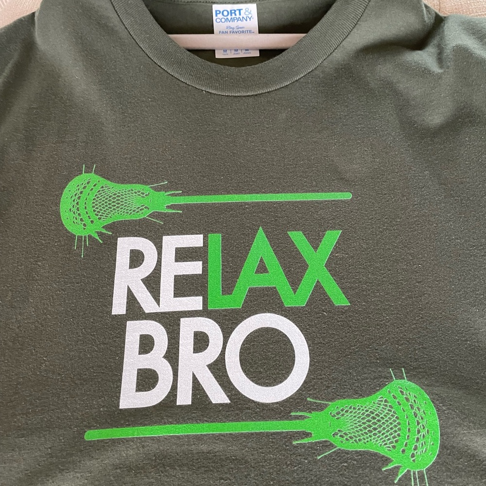 New Medium “Relax Bro” for lacrosse + Ralph Lauren T-shirts. 23 inches long.